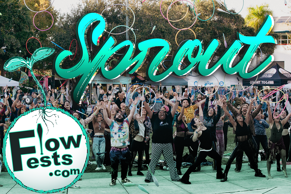 the flow fests logo in front of a field full of ecstatic jugglers throwing their props in the air. the bright word "SPROUT" is above them in neon letters as a title